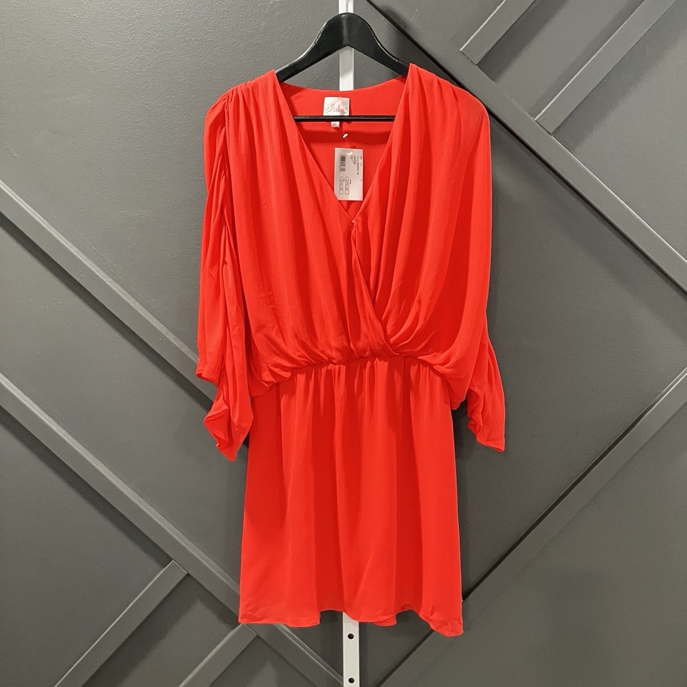 Parker Dress Womens XS Red 100% Silk Draped Batwing Sleeve Mini Cocktail NWT